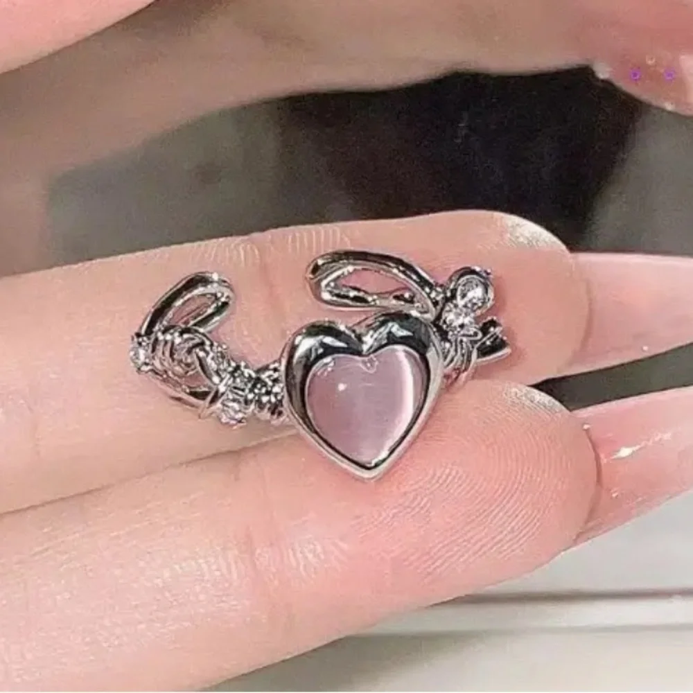 3/$25 Chunky Pink Heart Adjustable Ring Rhinestones Brutalist Whimsigoth
